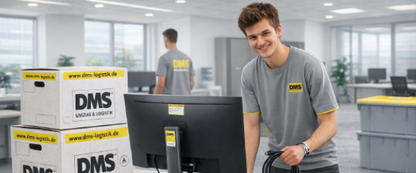 Student steht an einem Büroarbeitsplatz und hält Kabel in der Hand