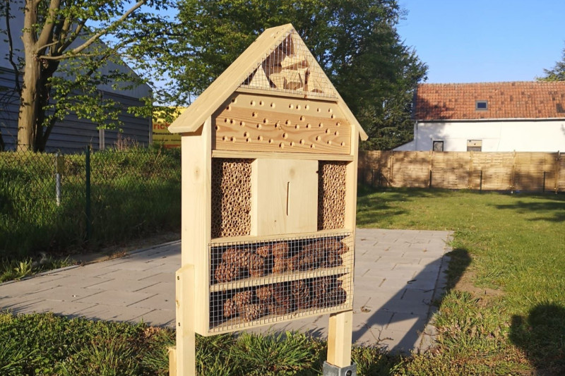 Holz-Insektenhotel mit verschiedenen Füllmaterialien in einem sonnigen Gartenbereich neben einer Wiese und einem gepflasterten Weg.