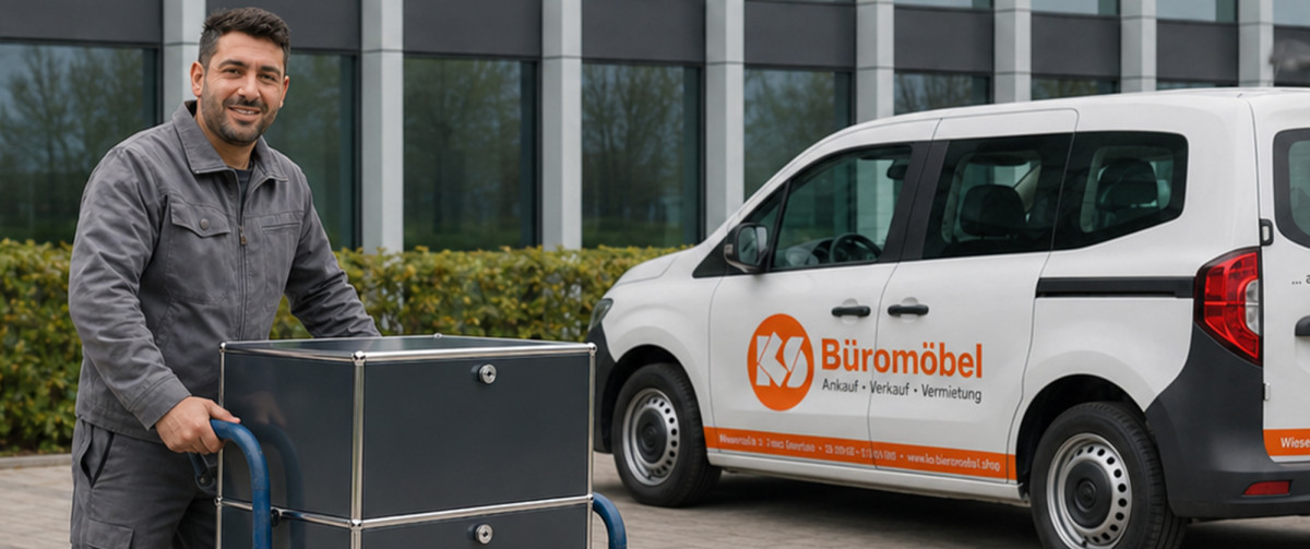 Auslieferungsfahrer mit USM Möbel vor Bürogebäude