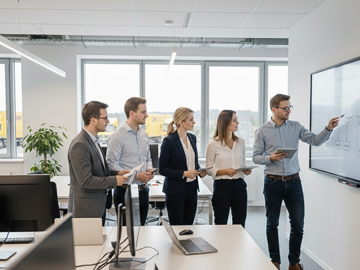 Team von Mitarbeitern die sich in einem hellen modernen Büro besprechen an einer Tafel.