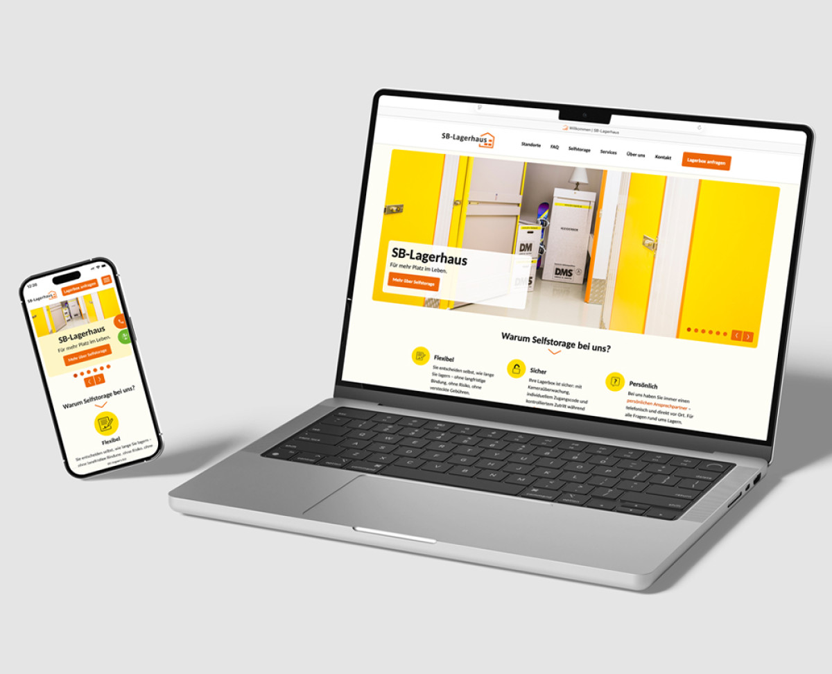 Laptop und Smartphone zeigen die Website von SB-Lagerhaus in modernem, responsivem Webdesign