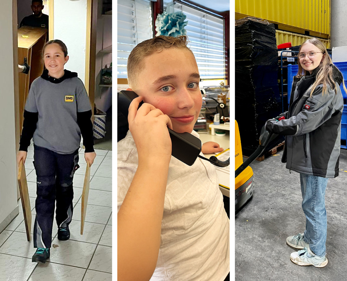 Drei Kinder beim Girls’Day und Boys’Day in unterschiedlichen Arbeitsbereichen des Unternehmens.