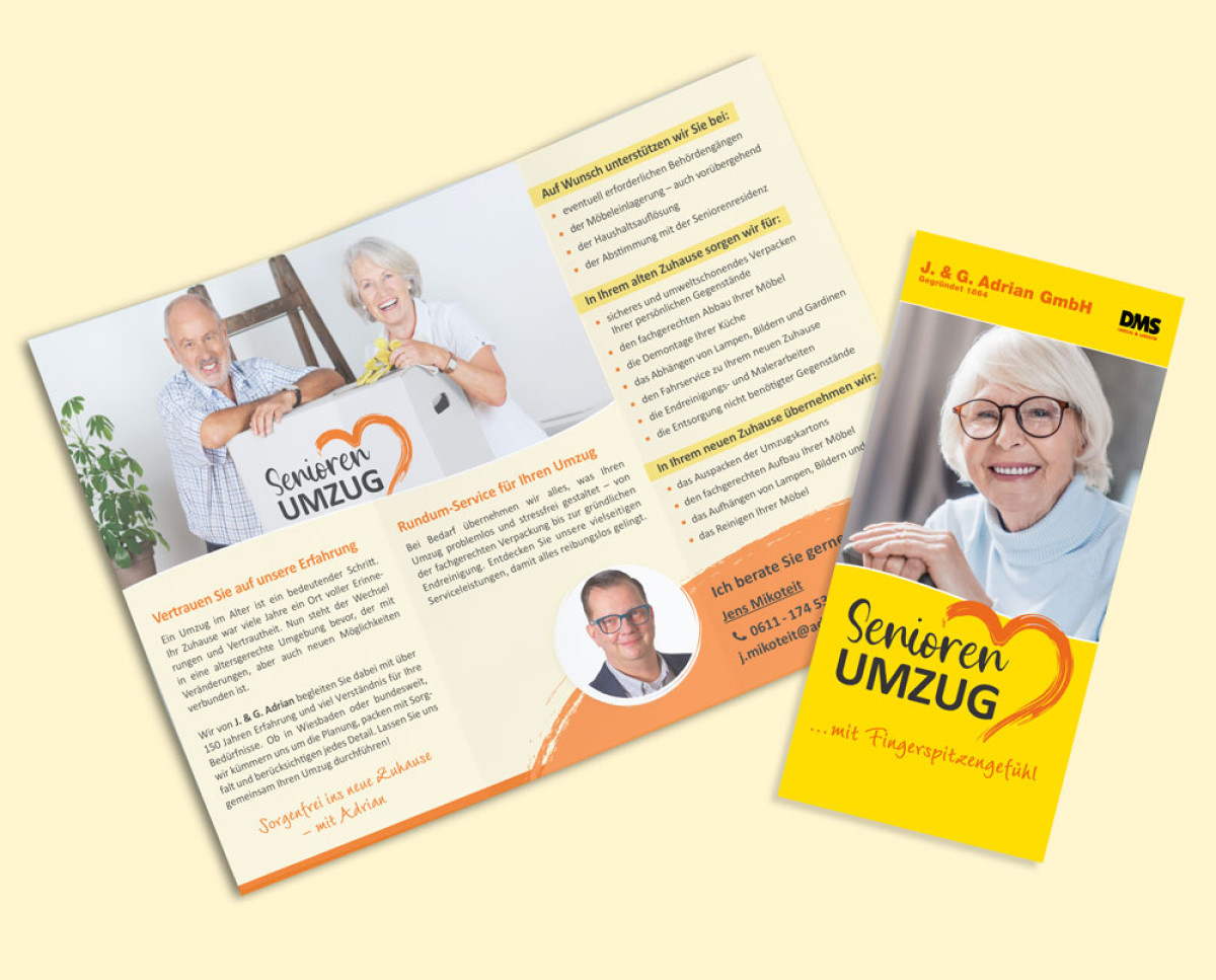 Flyer und Faltbroschüre zum Senioren-Umzugsservice der J. & G. Adrian GmbH mit Informationen zu Leistungen und Unterstützungsmöglichkeiten.