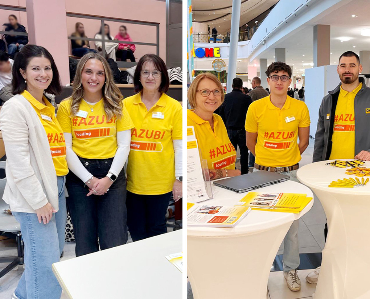 Ausbildungsteam der Unternehmensgruppe präsentiert sich auf einer Jobmesse mit Infostand und gelben #AZUBI‑Shirts