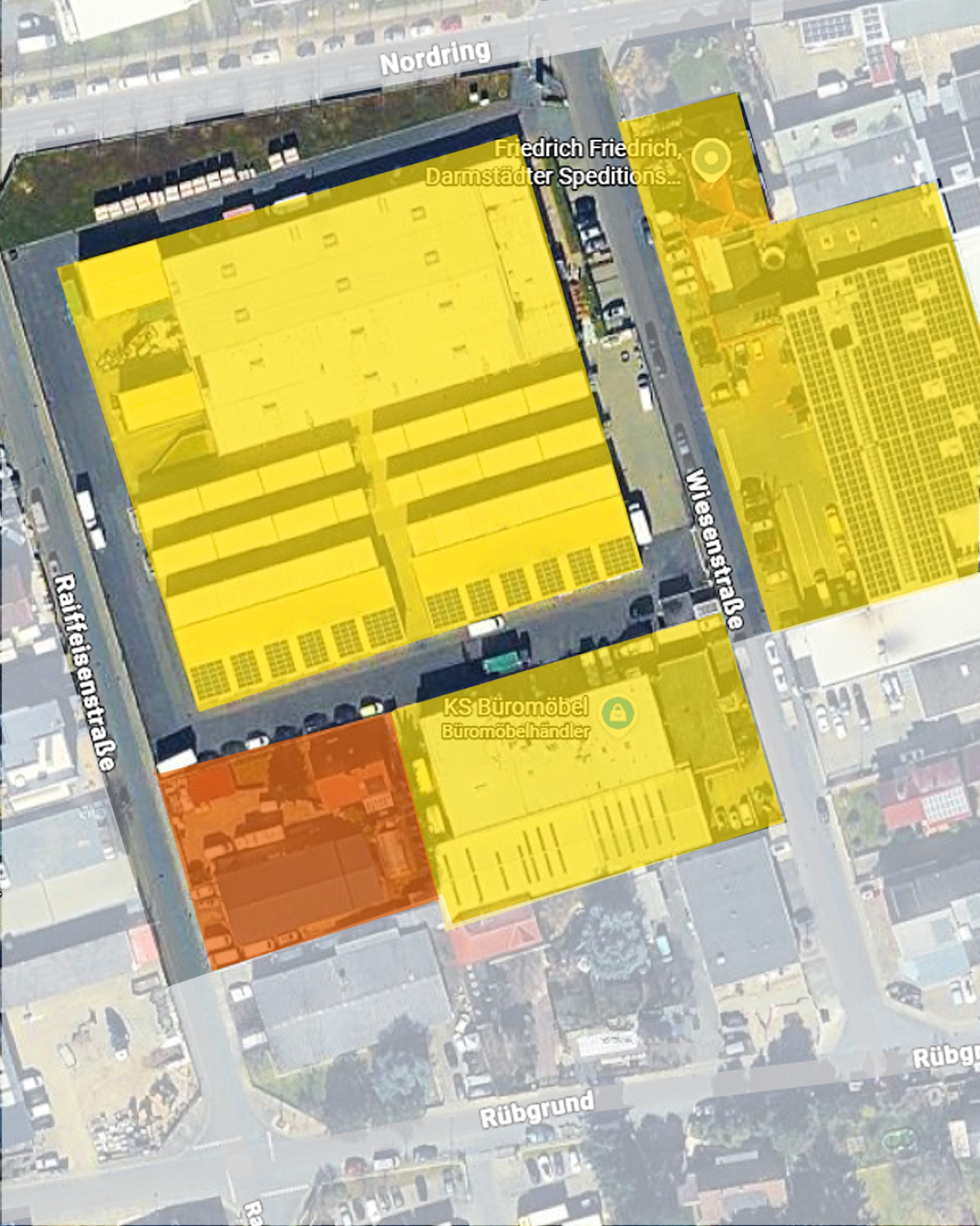 Luftaufnahme des Firmengeländes von Friedrich Friedrich in Griesheim mit farblich markierten Gebäudebereichen und Erweiterungsflächen.
