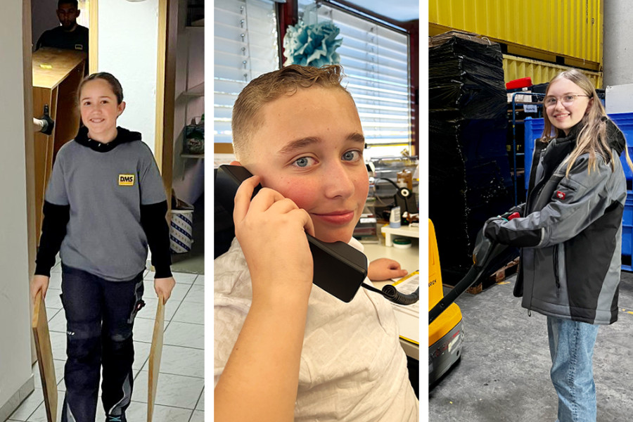 Drei Kinder beim Girls’Day und Boys’Day in unterschiedlichen Arbeitsbereichen des Unternehmens.