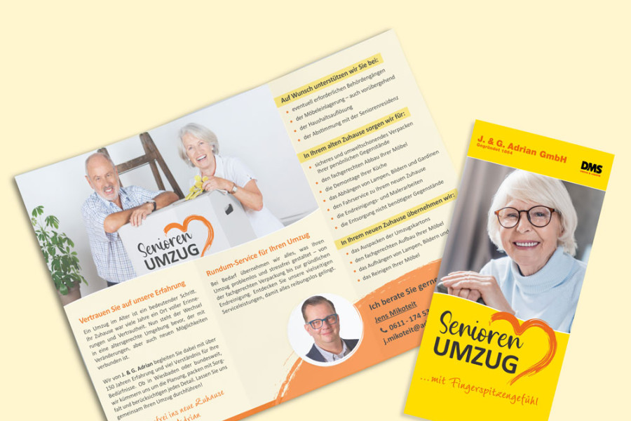 Flyer und Faltbroschüre zum Senioren-Umzugsservice der J. & G. Adrian GmbH mit Informationen zu Leistungen und Unterstützungsmöglichkeiten.