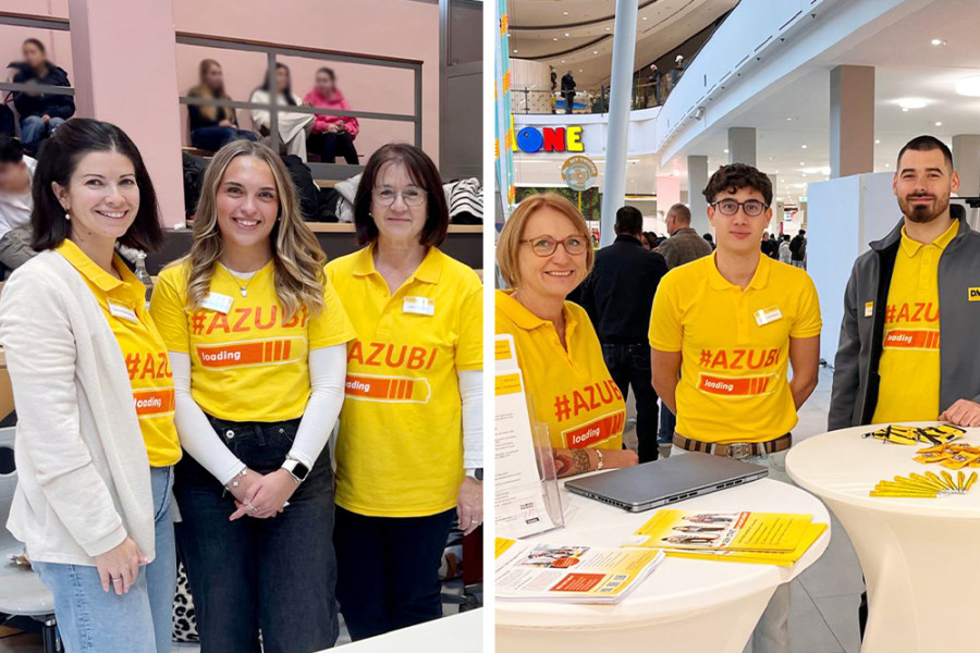 Ausbildungsteam der Unternehmensgruppe präsentiert sich auf einer Jobmesse mit Infostand und gelben #AZUBI‑Shirts