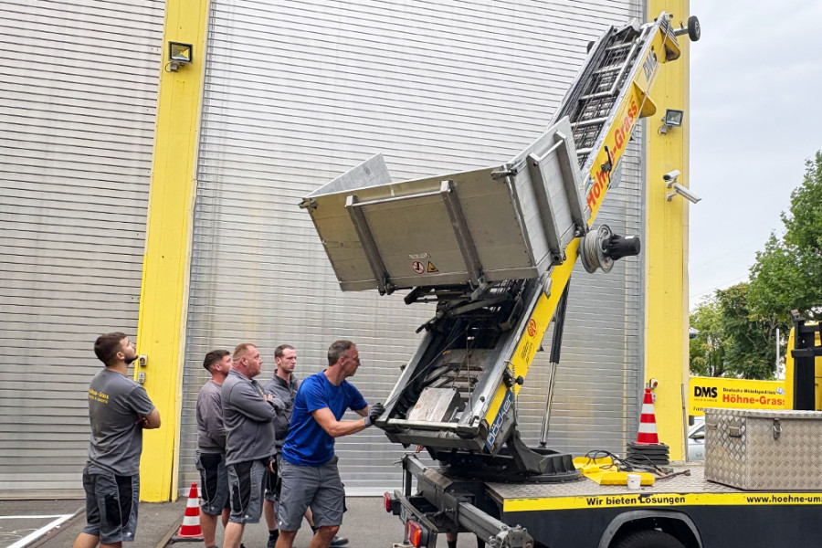 Team bei einer Schulung zur Bedienung eines Schrägaufzugs auf dem Firmengelände.   