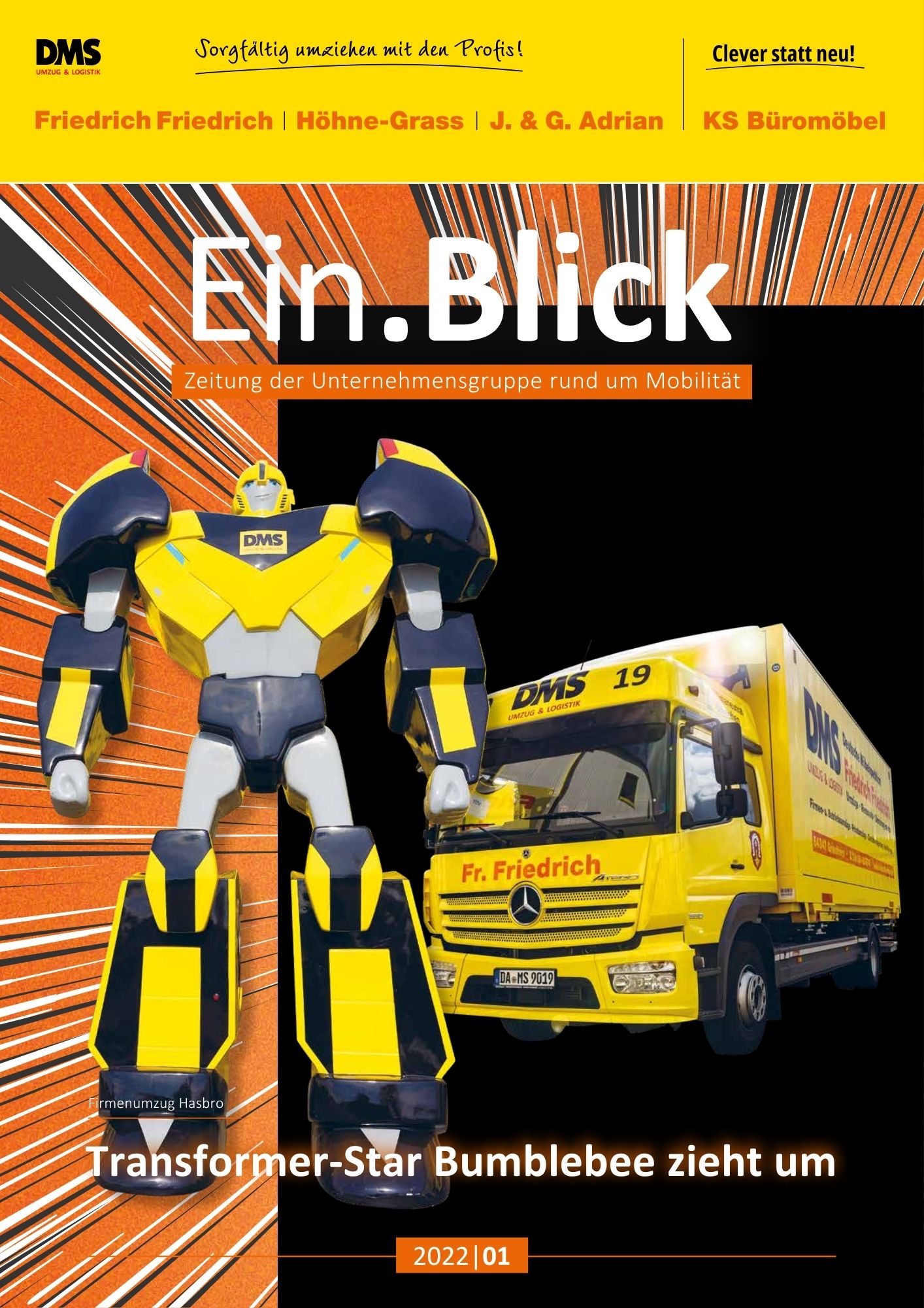 Titelbild des Ein.Blick Magazins der Unternehmensgruppe mit Bumblebee‑Figur und DMS‑Umzugslastwagen.